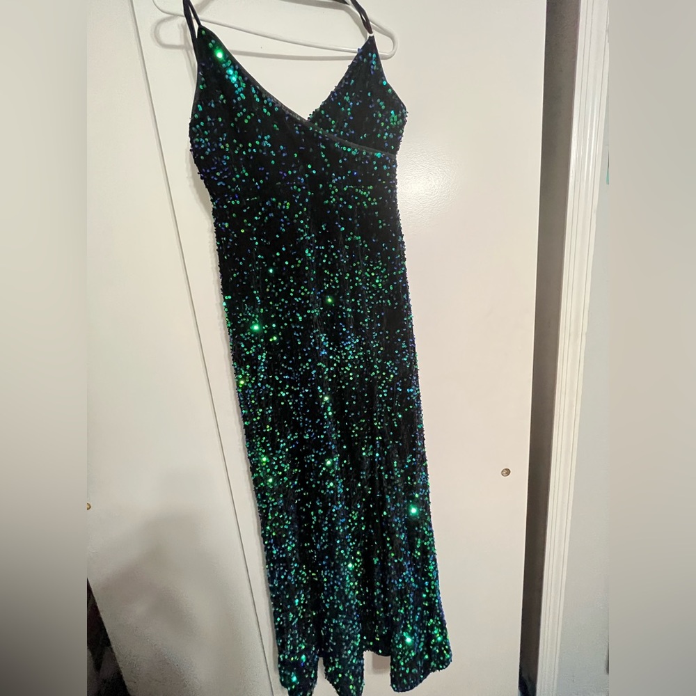 Keep it real green iridescent sequin velvet maxi dress